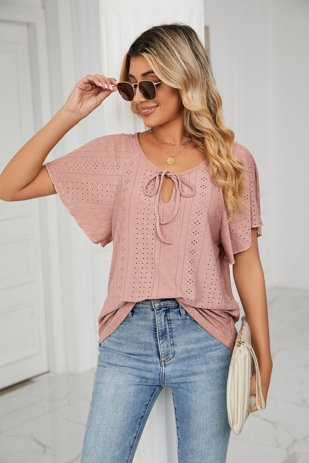 Nude Flared Sleeves Tie Up Top