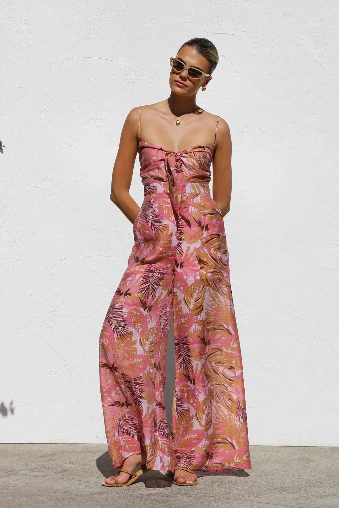 Red Abstract Printed Spaghetti Strap Front Knot Dress