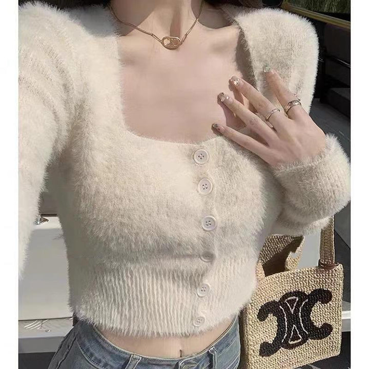White Square Neck Fuzzy Top