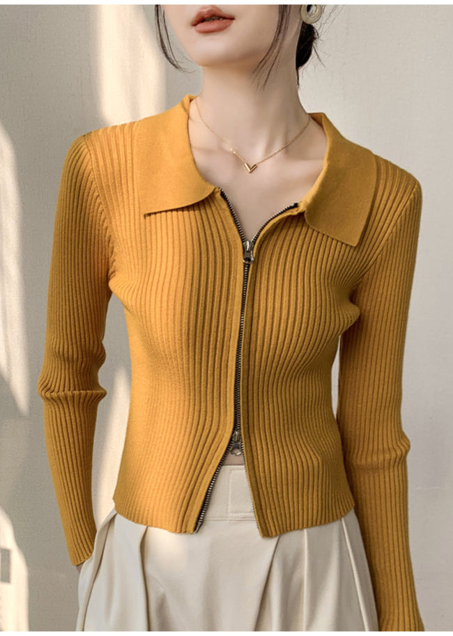 Mustard Full Sleeve Collared Front Zip Top