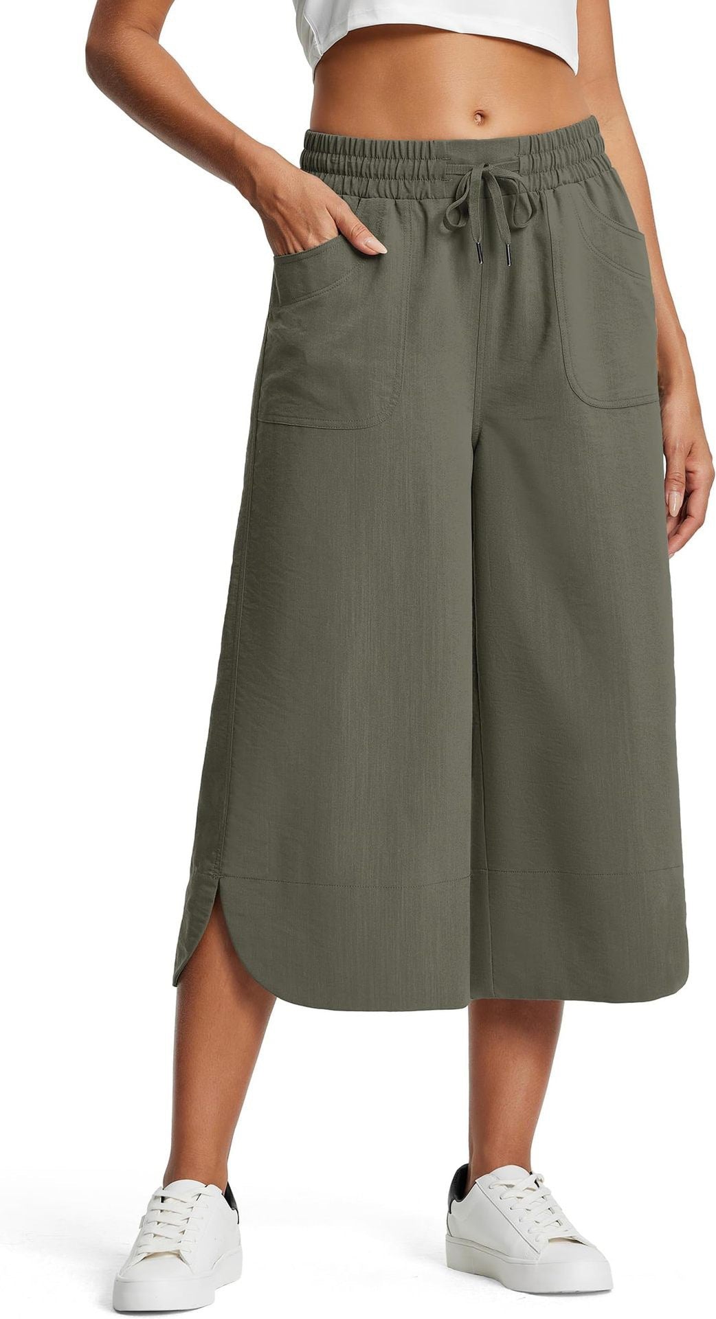 Green Wide Leg Calf Length Trouser