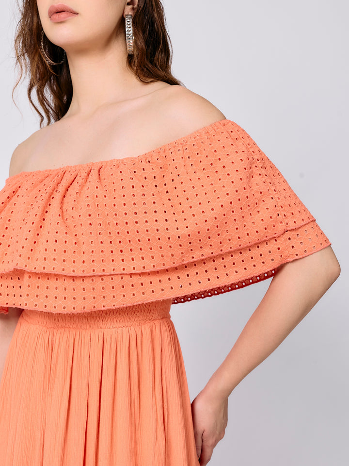 Peach Off Shoulder Tiered Midi Dress