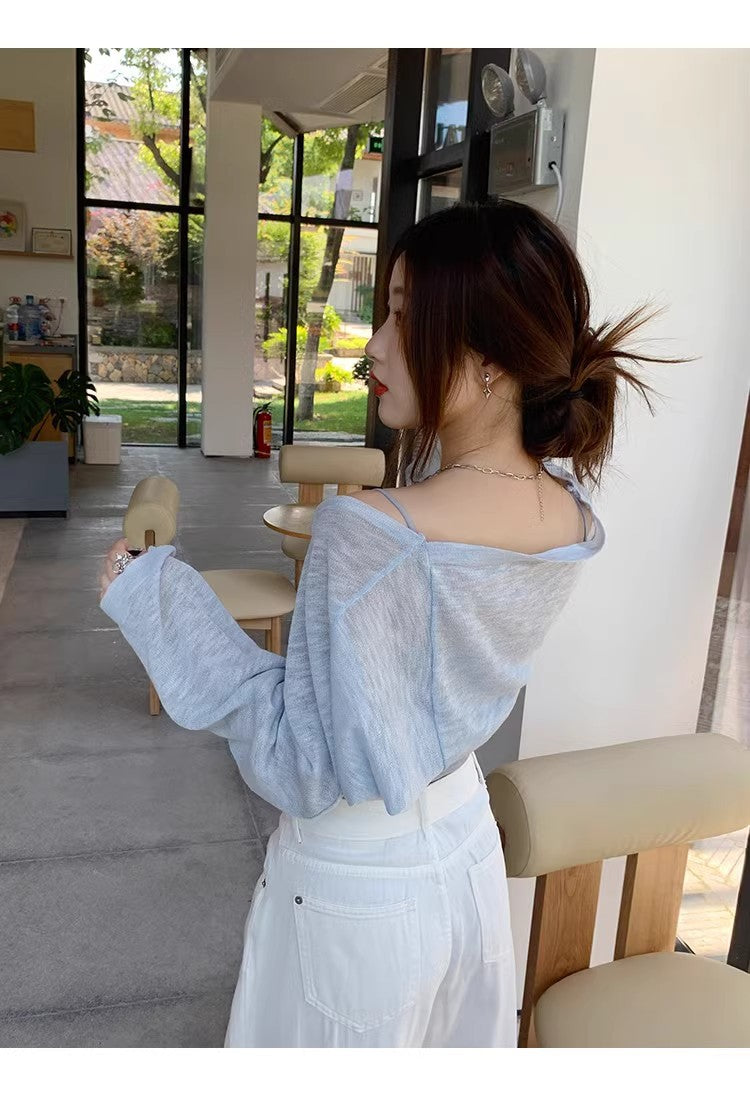 Light Blue Full Sleeve Cropped Slouchy Cardigan
