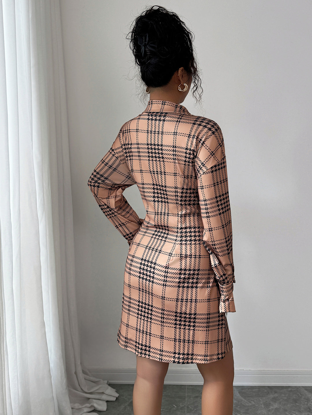 Beige Checkered Cinched Waist Dress