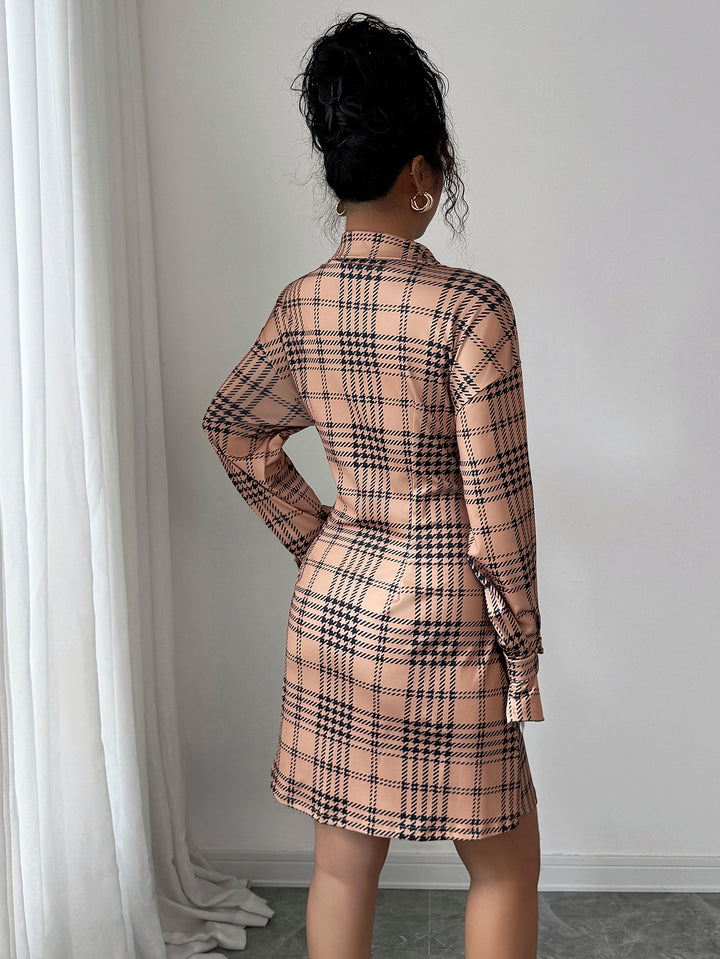 Beige Checkered Cinched Waist Dress