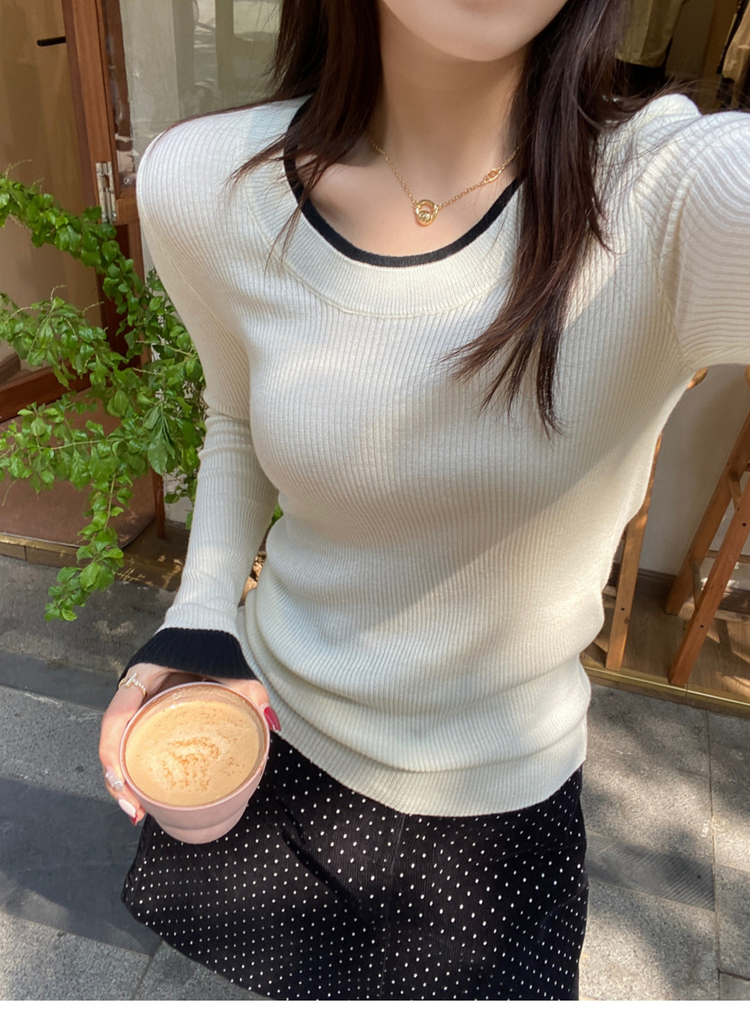 White Full Sleeve Contrast Hem Top