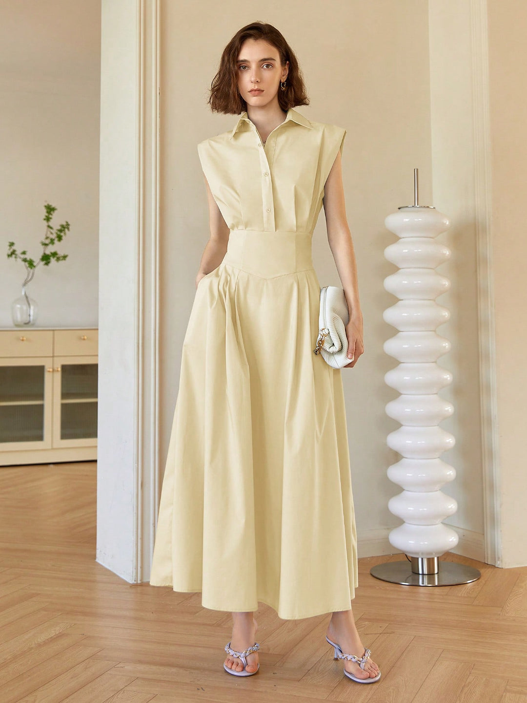 Cream Front Button Shirt Style Sleeveless Dress