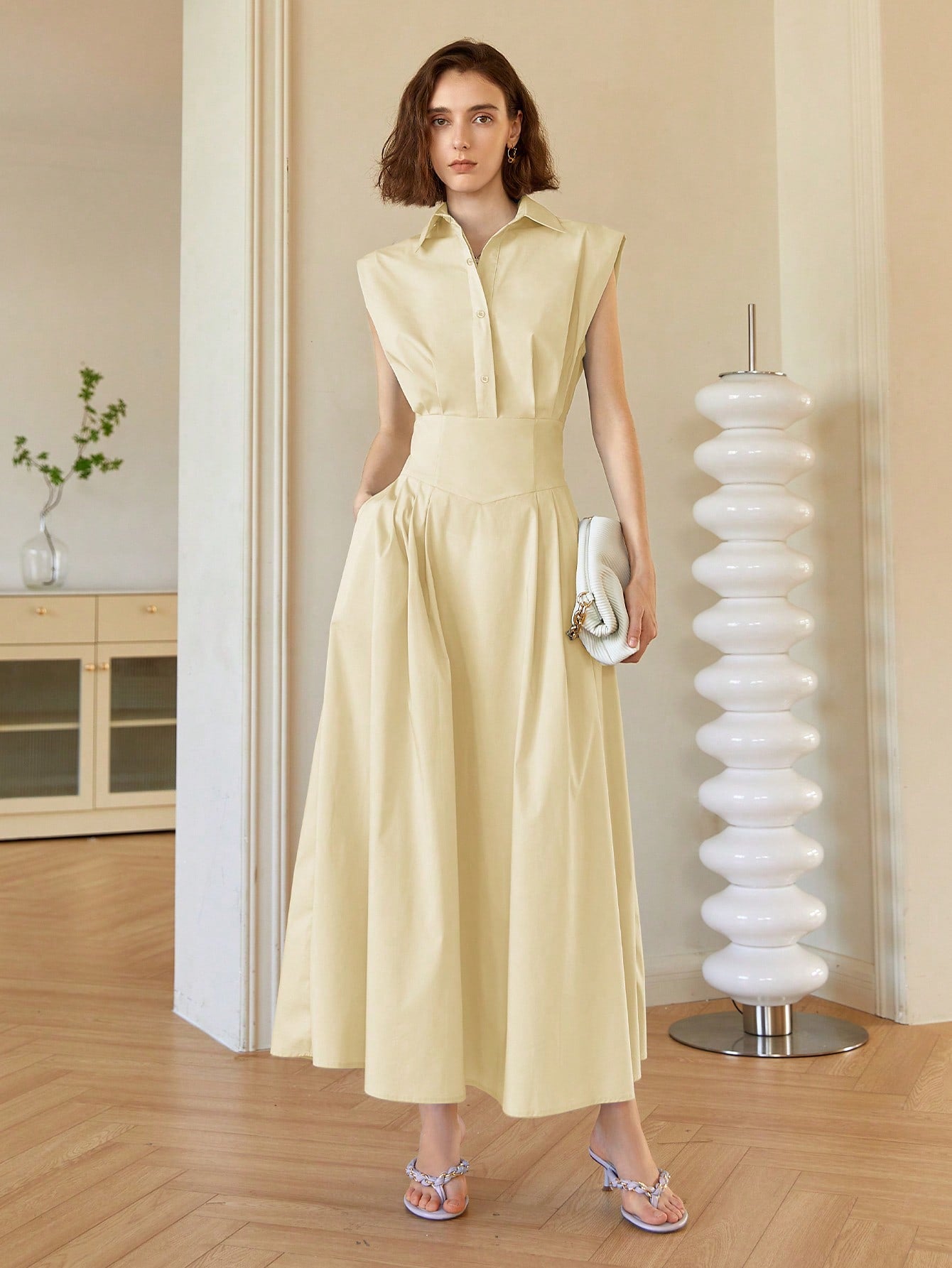 Cream Front Button Shirt Style Sleeveless Dress