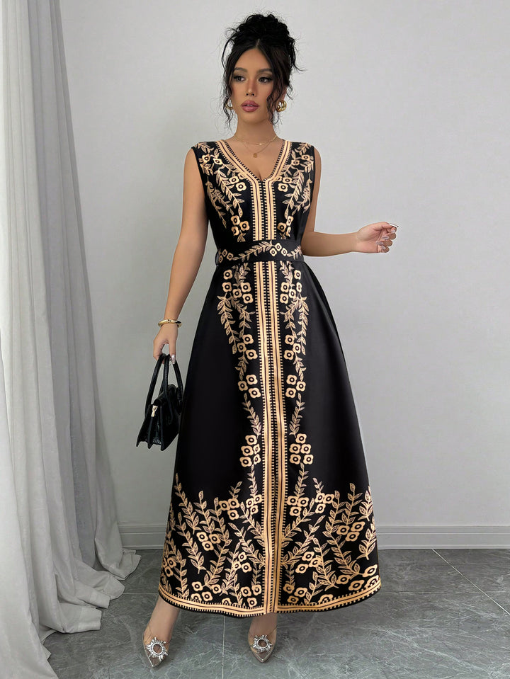 Black Printed Plunge Neck Maxi Dress