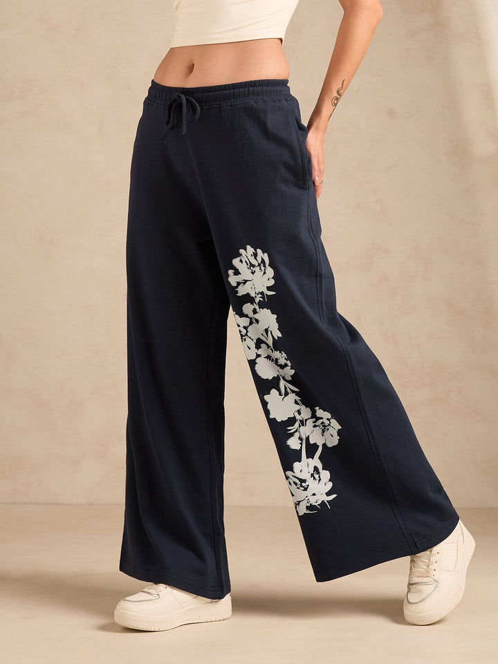 Navy Blue Cuffed Jogger With Side Graphic Print