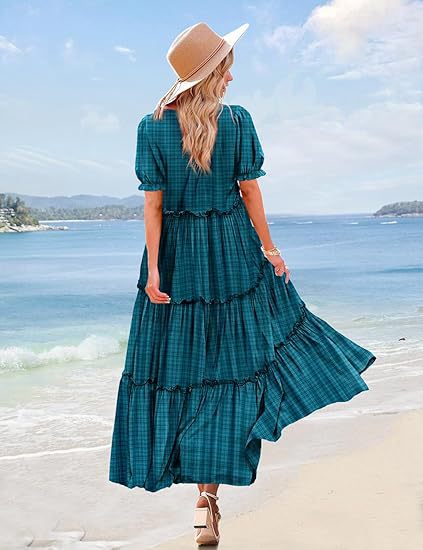 Teal Scoop Round Neck Printed Tiered Dress