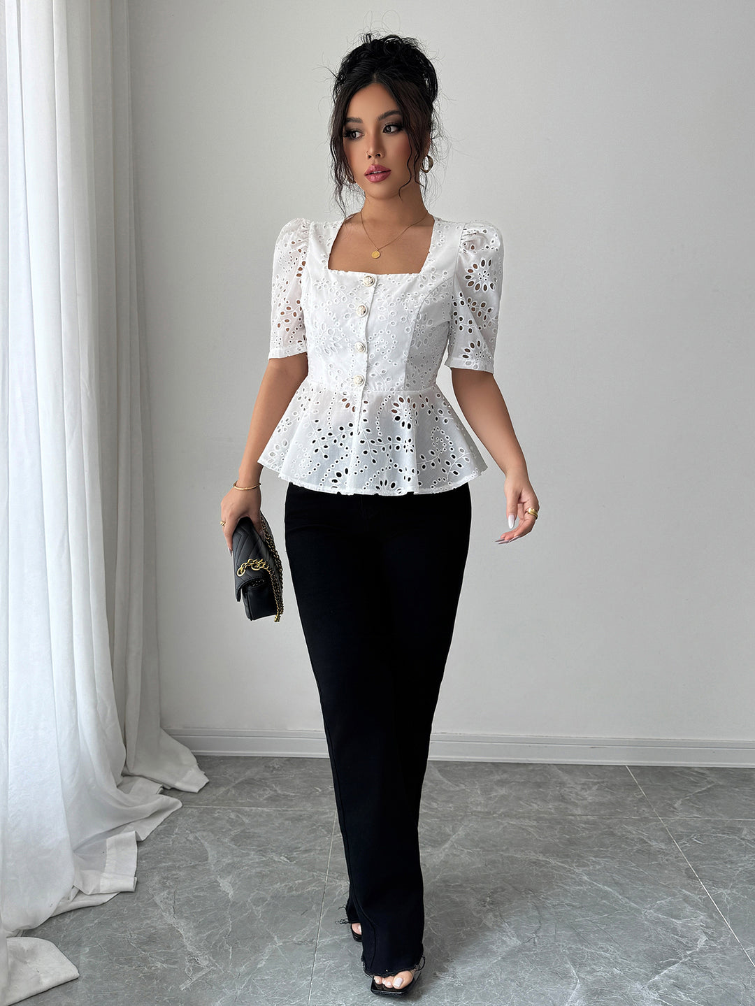 White Schiffly Peplum Top