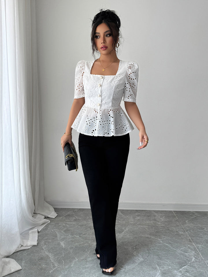 White Schiffly Peplum Top