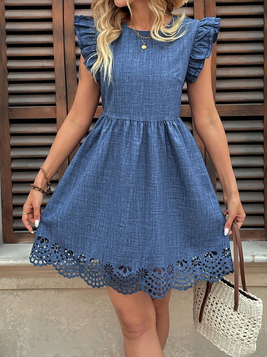 Blue Flutter Sleeves Dress With Lace Detailing