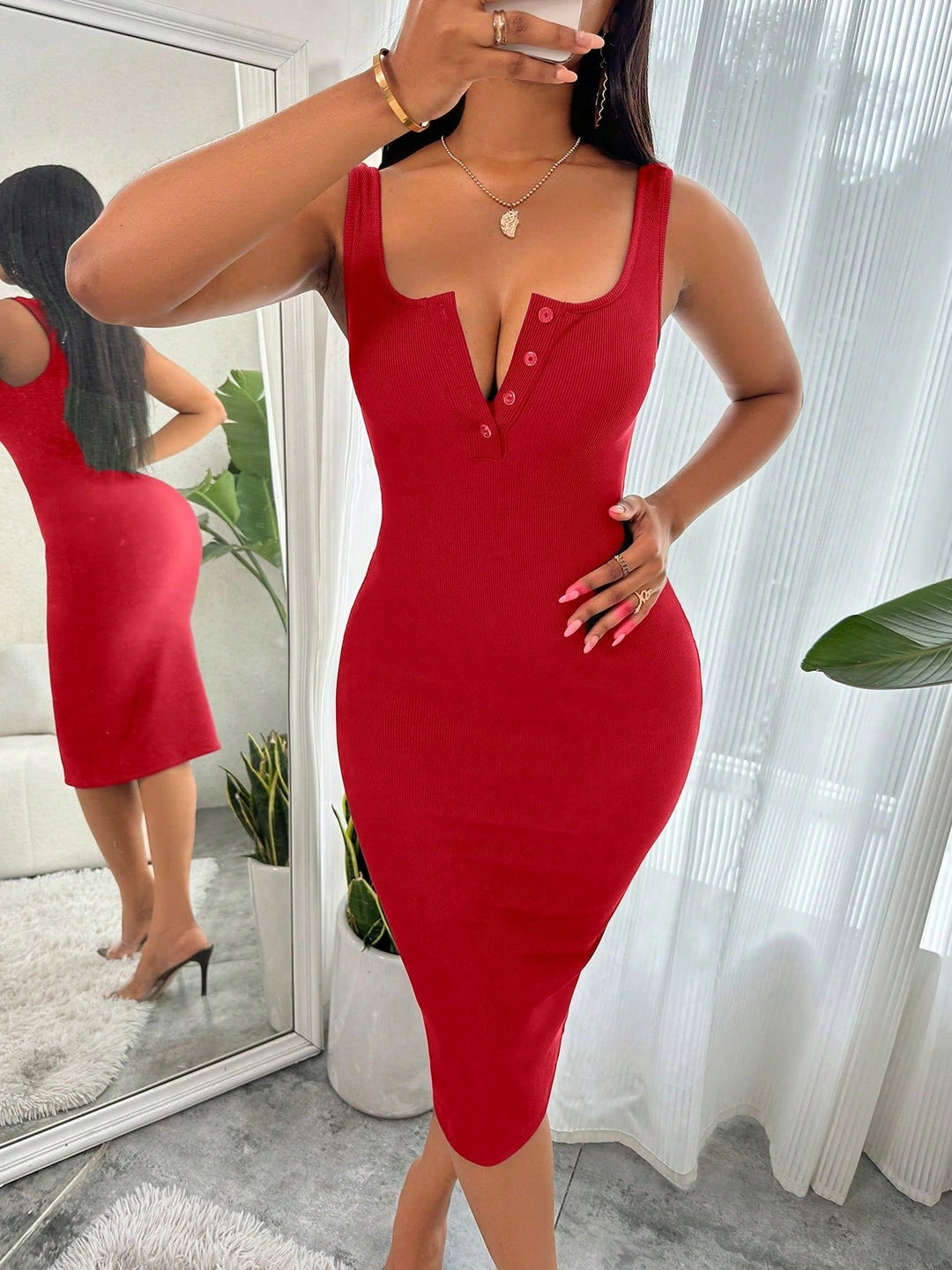 Burgundy Shoulder Strap Front Button Dress
