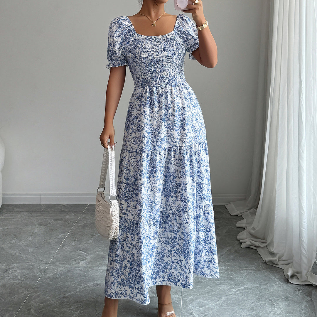 Blue Printed Round Neck Dress