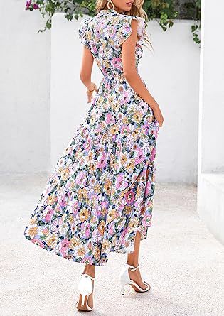 Blue Printed Flutter Sleeved Midi Dress