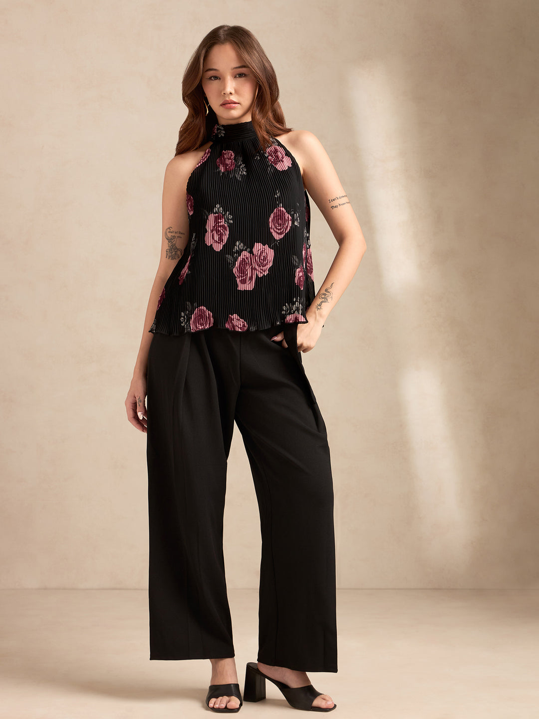 Black Halter Neck Plisse Flared Printed Top