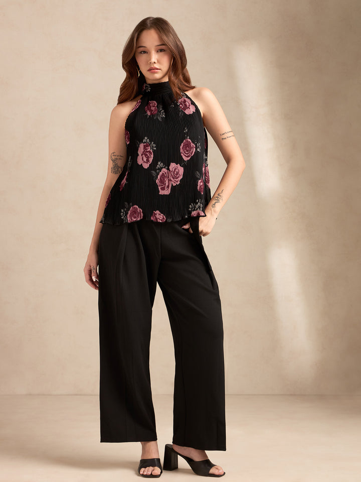 Black Halter Neck Plisse Flared Printed Top