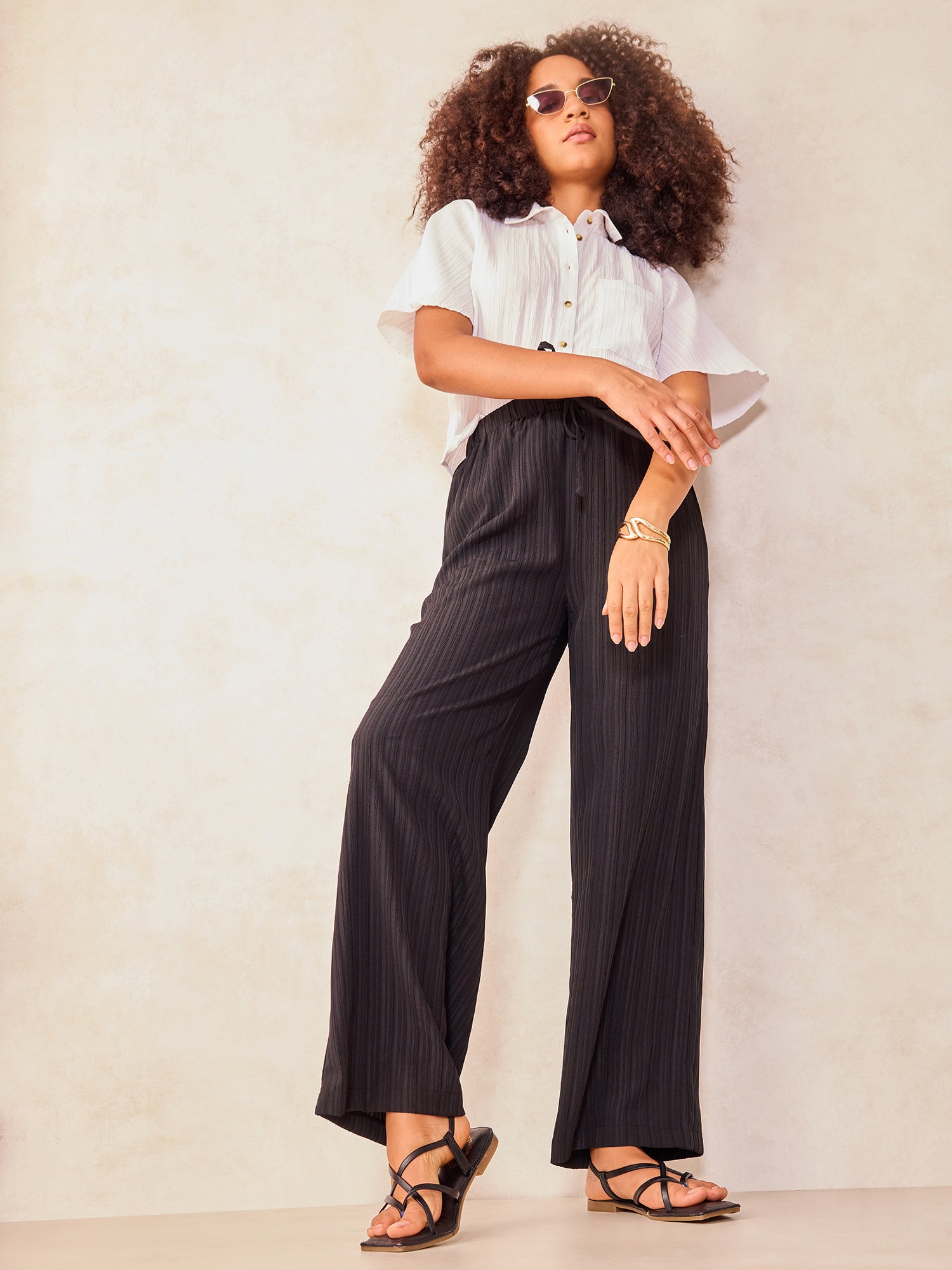 パンツ GENERAL IDEA WOMAN Tutu Wide Slacks 5BMR0070 Shop Black Textured Pull On Wide Leg Trouser - for Women