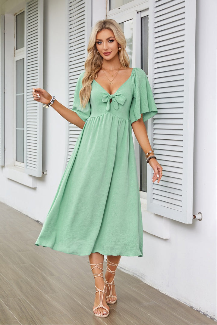 Green Flutter Sleeved Bow Detailed Neck Dress