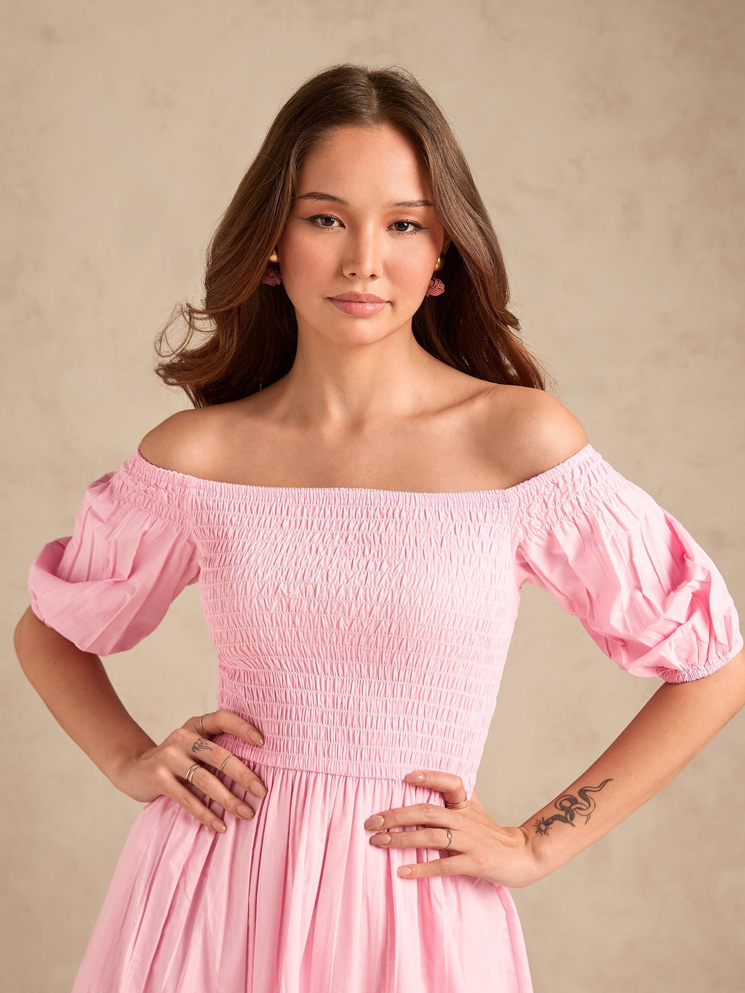 Pink Maxi Dress With Contrast Schiffli