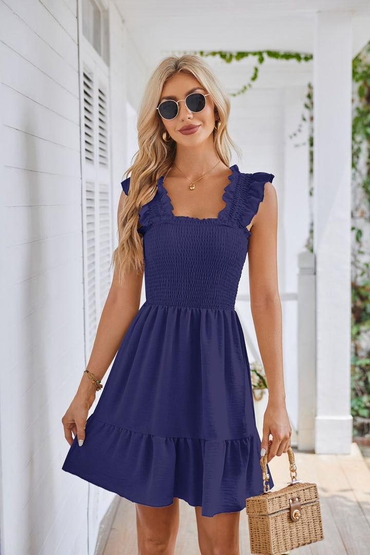 Navy Blue Ruffled Sleeves Tiered Solid Dress