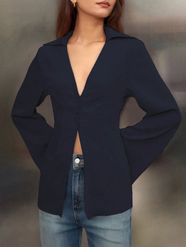 Blue V-Neck Long Sleeve Shirt