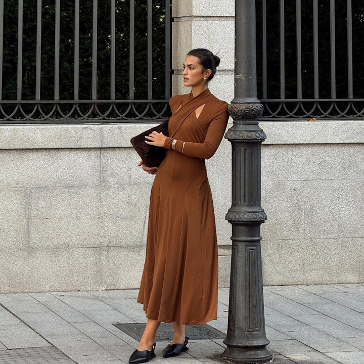 Brown Criss Corss Neck Line Flowy Dress
