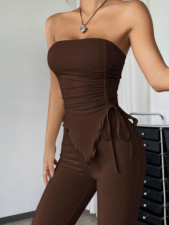 Brown Strapless Side Ruched Asymmetrical Hem Co-Ords Set