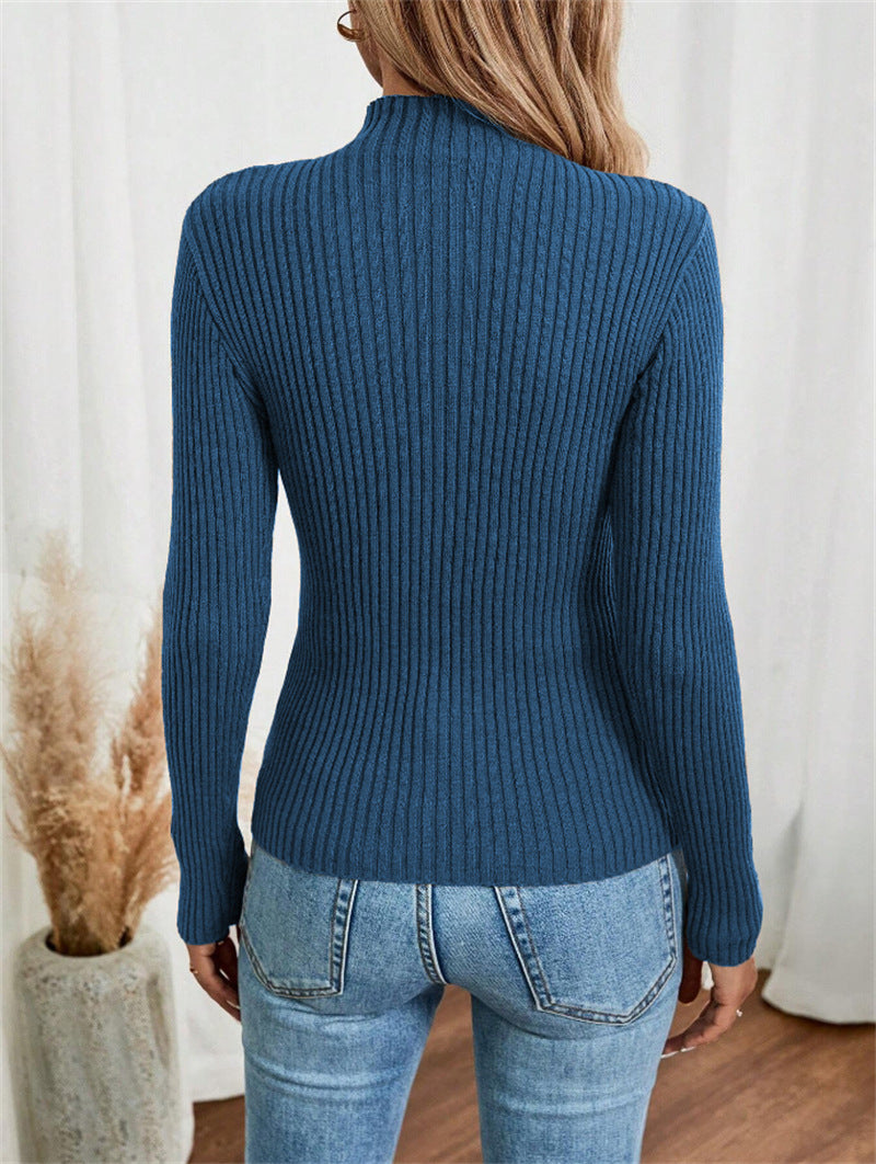 Blue Full Sleeve Button Trim Fitted Sweaters