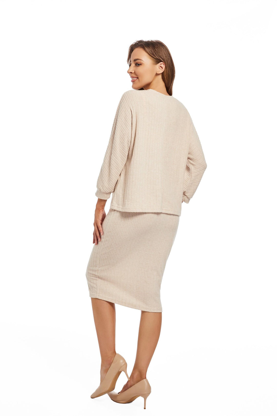 Beige Over Size Top With Fitted Skirt Co-ord Set