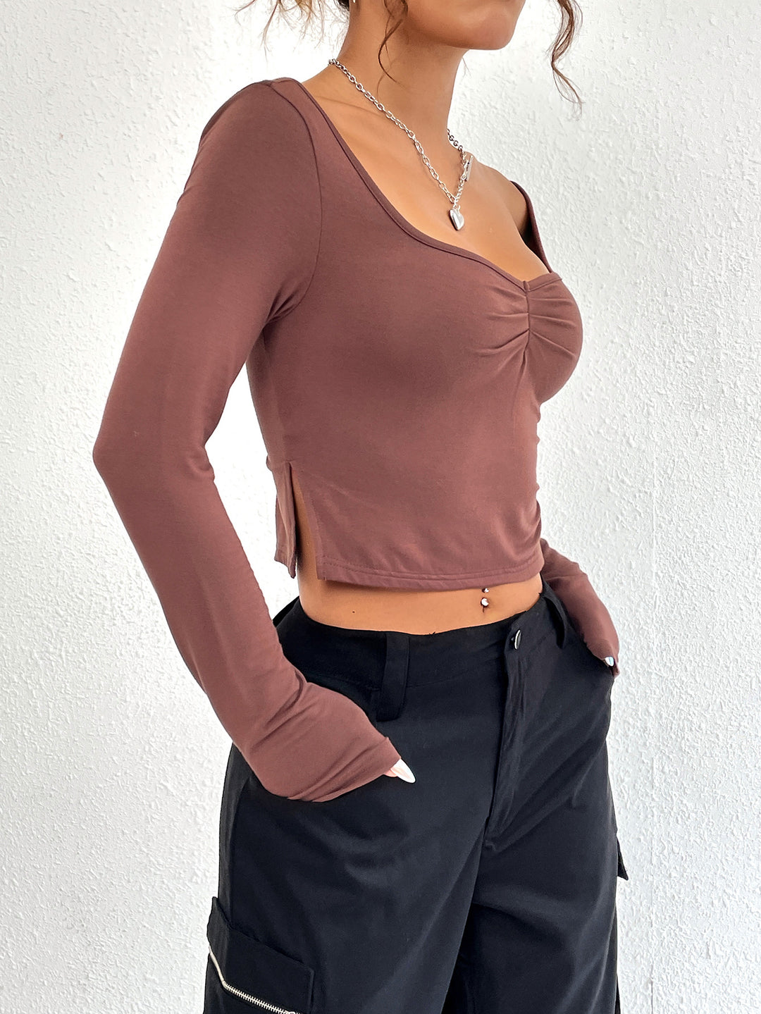 Brown Scoop Sweetheart Neckline Fitted Top
