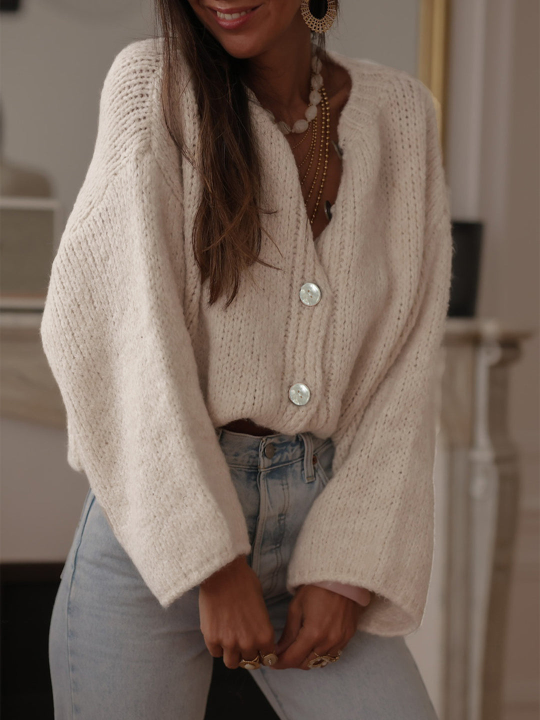 Cream Full Sleeves Button Down Slouchy Cardigans
