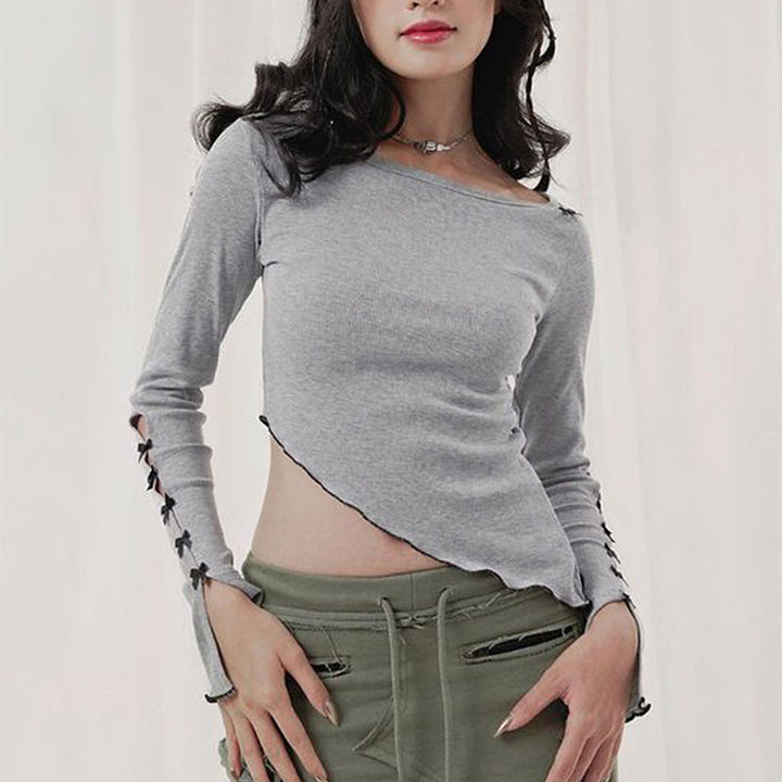 Grey Slant Hem Full Sleeves Button Detail Top
