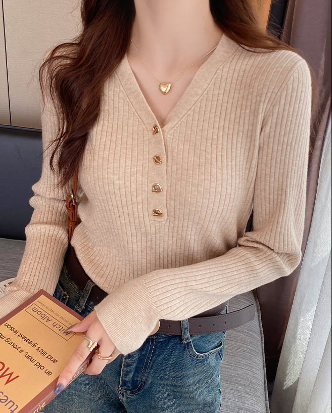 Mustard Full Sleeve V Neck Buttoned Fitted Top