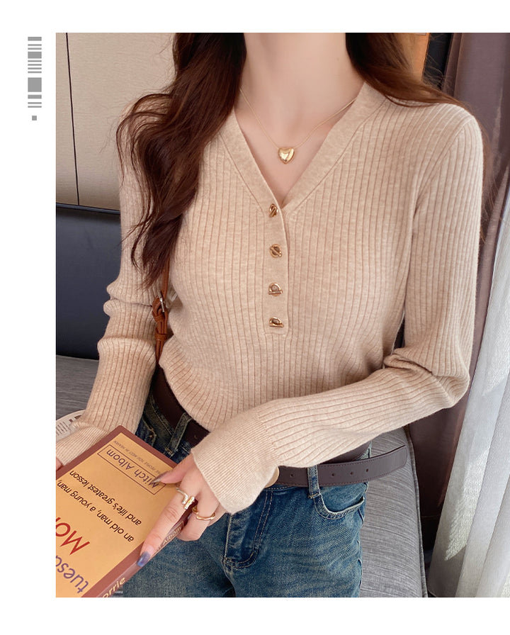 Beige Full Sleeve V Neck Buttoned Fitted Top