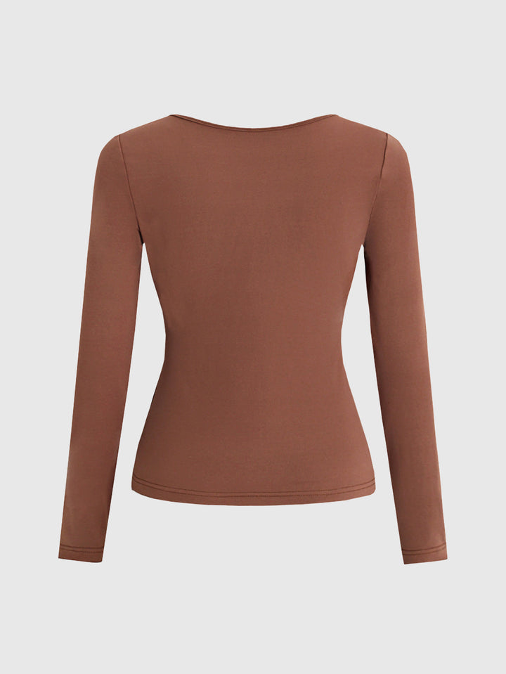 Brown Full Sleeve Round Neck Fitted Top