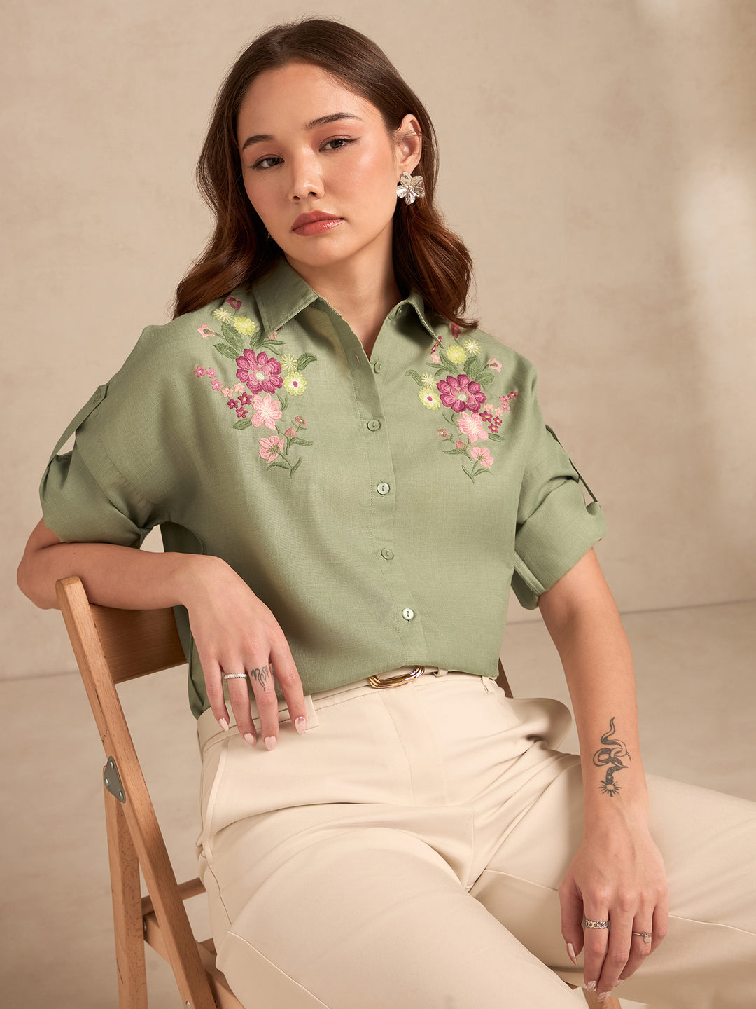Green Floral Embroidered Shirt With Drop Shoulder