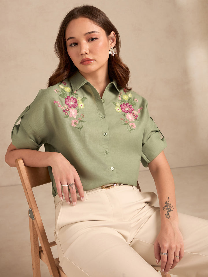 Green Floral Embroidered Shirt With Drop Shoulder