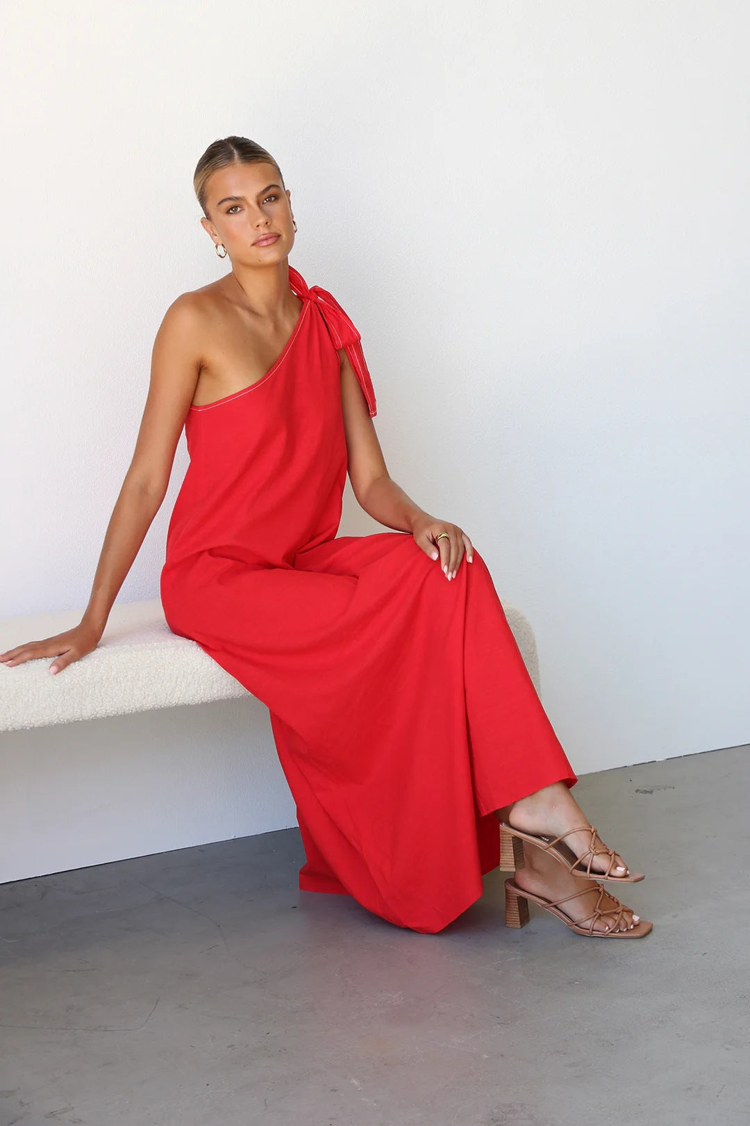 Red  One Shoulder Tie-Up Dress