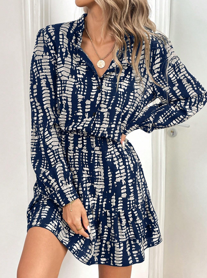 Navy Printed Cinched At Waist Mini Dress