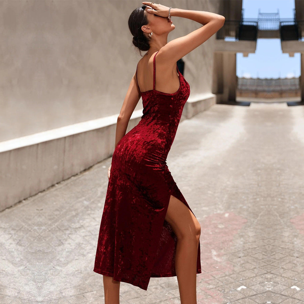 Burgundy Strappy Side Slit Bodycon Dress