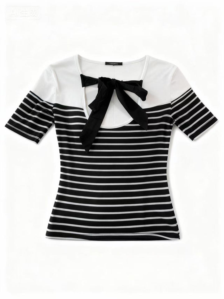 White Short Sleeve Striped Back Bow Top