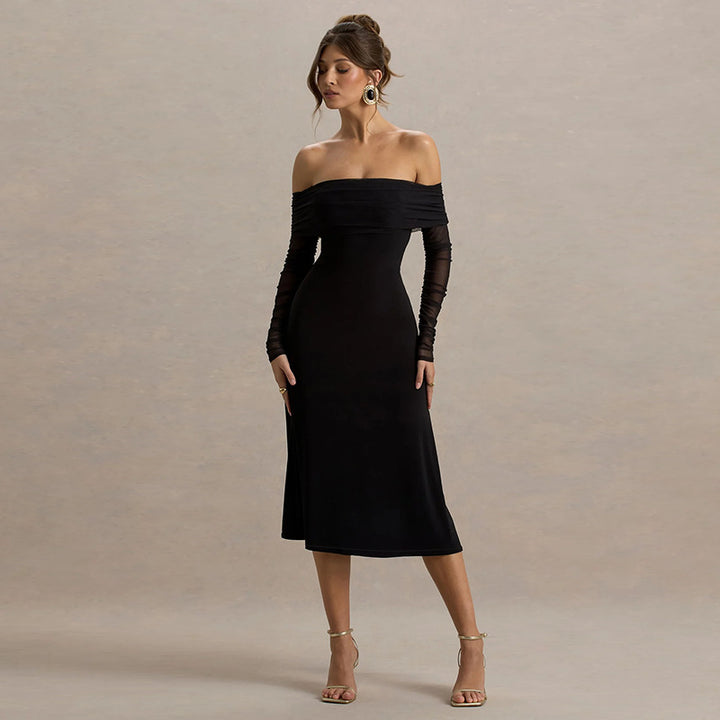 Black Off-shoulder fit & flare solid dress