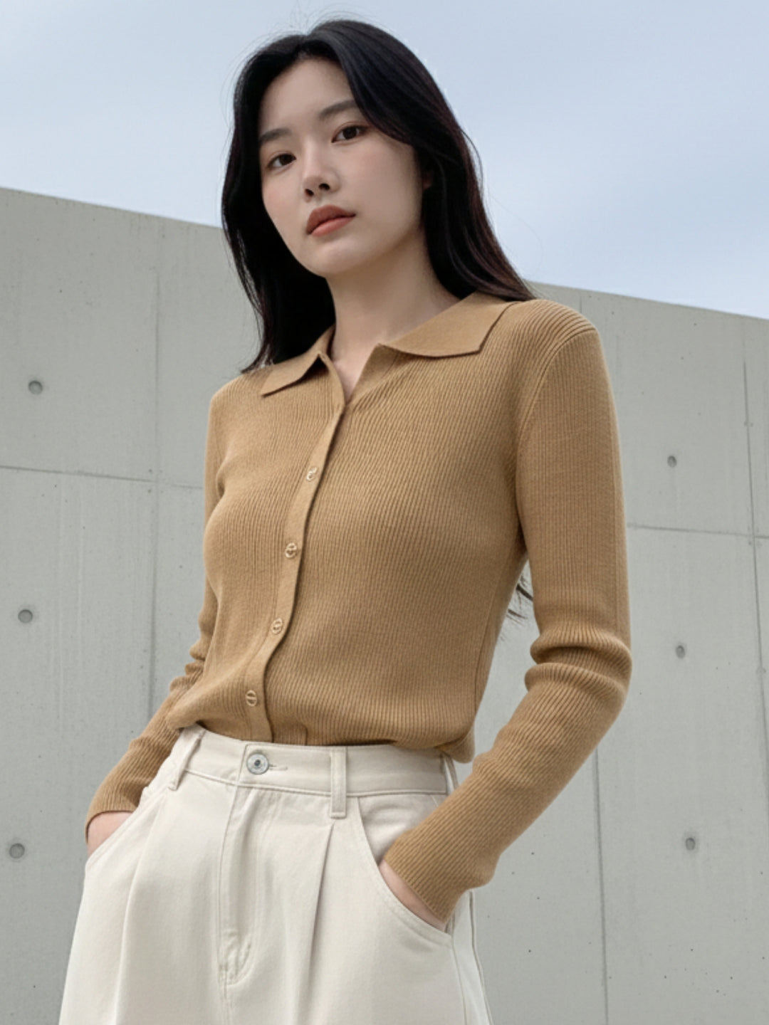 Tan Full Sleeve Collared Buttoned Top