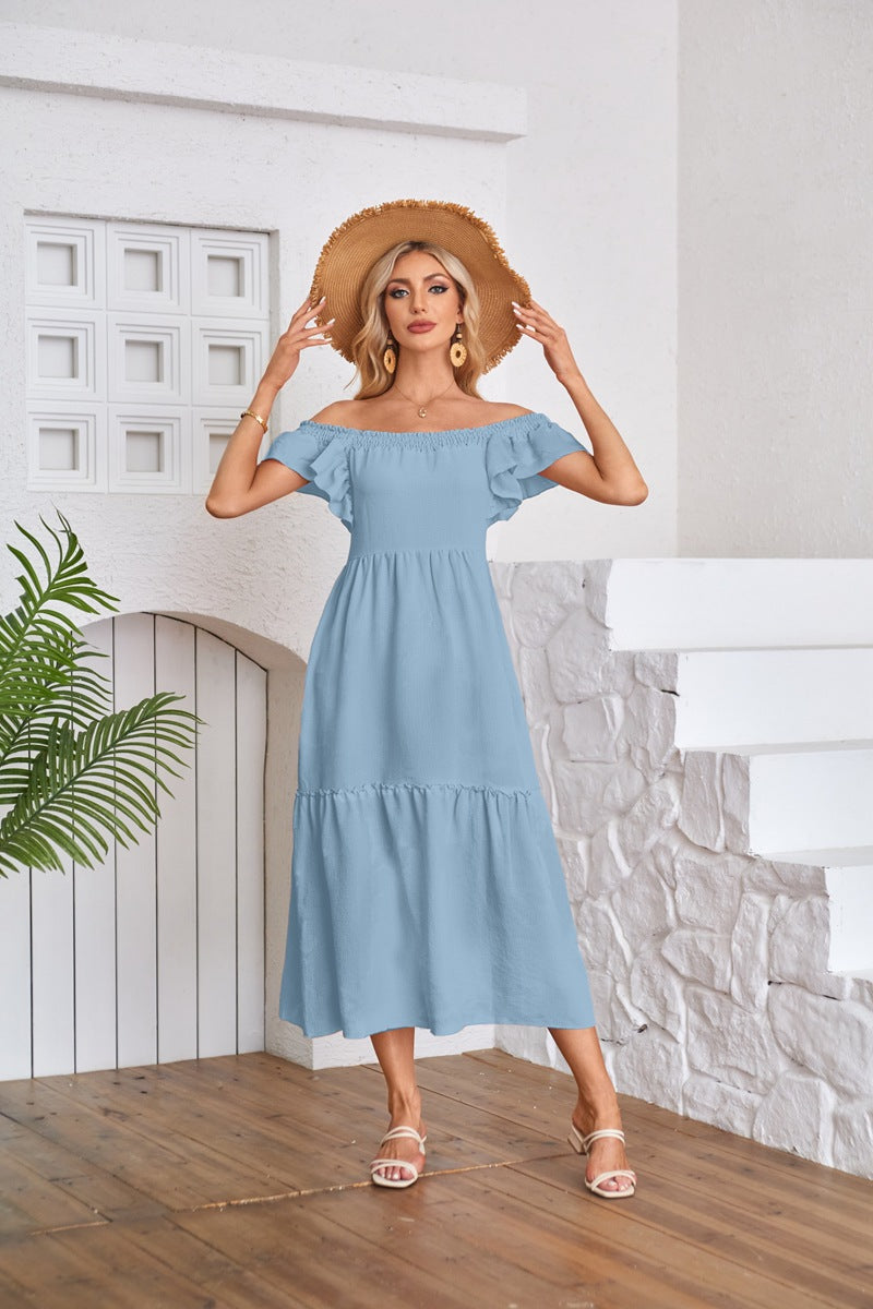 Blue Solid Flutter Sleeved Empire Waist Smocked Dress