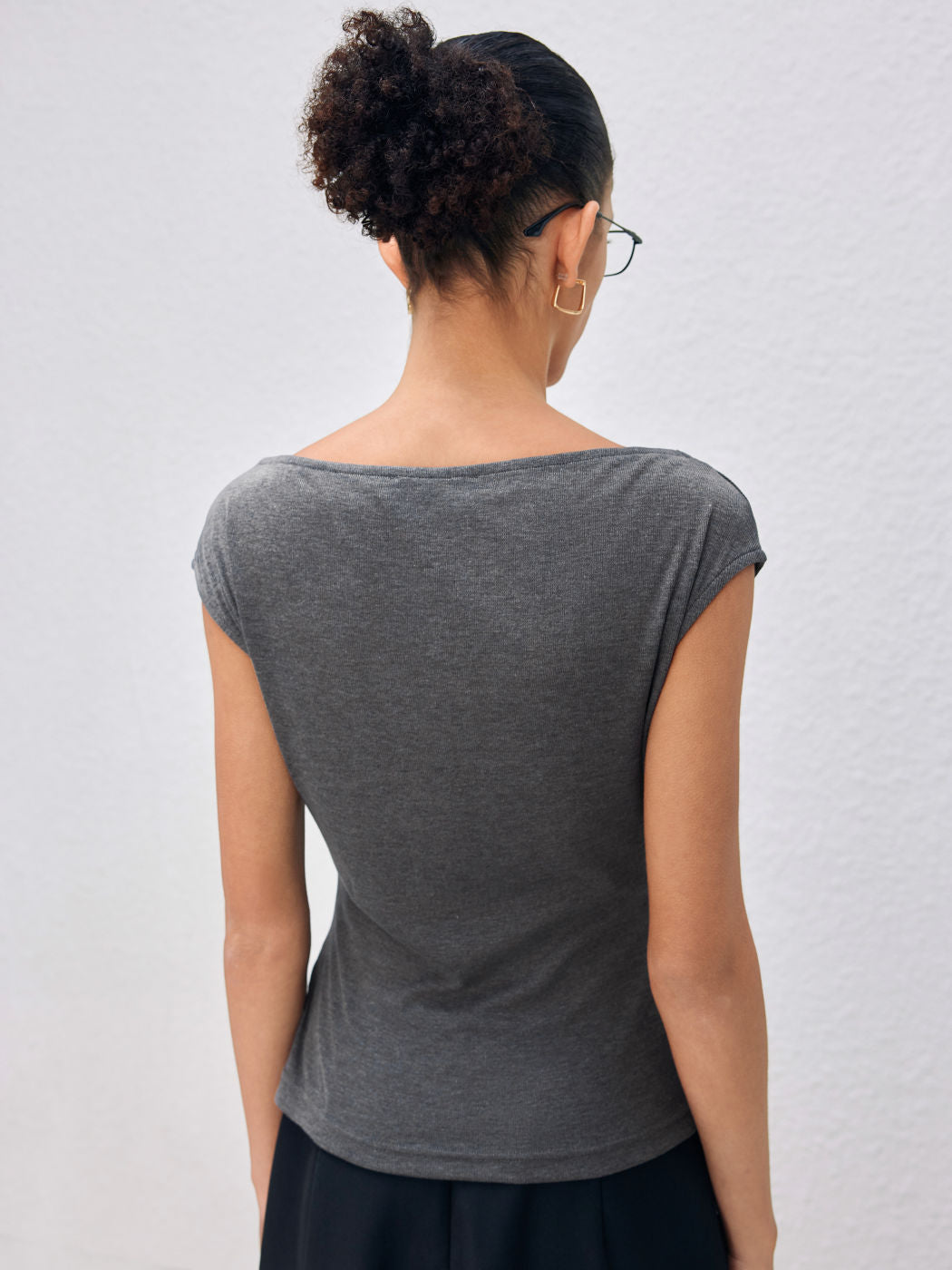 Grey Boat Neck Short Sleeve Top