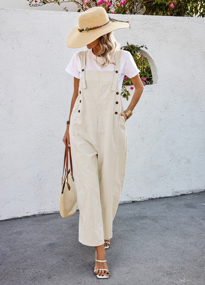 Khaki Striped Dungaree Style Jumpsuit
