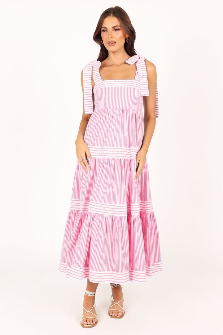 Pink Bow Tie-Up Tiered Dress